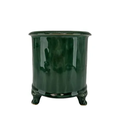 Dark green glazed pot on four legs in small size from Miljögården