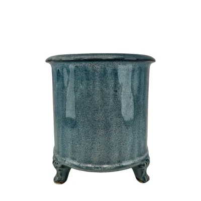 Blue glazed pot on four legs in small size from Miljögården