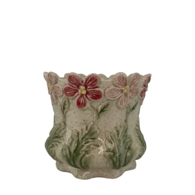 Romantic pot in speckled stoneware with raised pink flowers and green leaves from Miljögården in size small.