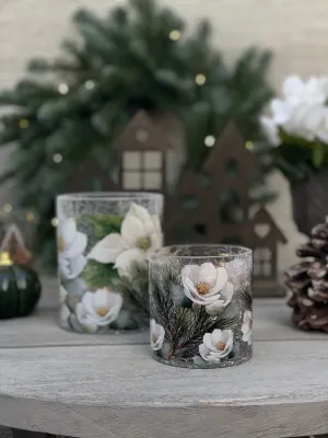 A handmade Winter Blossom crackle-finish candle holder—the smaller 8x8 cm size from Majas Cottage—photographed in sharp focus on