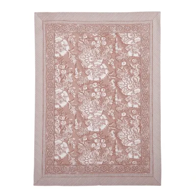 Rectangular patterned tea towel Sonia from Fondaco in soft pink cotton with floral pattern and ornate border, size 50x70 cm.