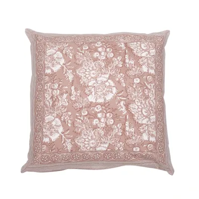 Square patterned cotton cushion cover Sonia from Fondaco in pink and off-white with a beautiful framing border, size 48x48 cm.