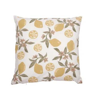 Square white cushion cover Amalfi from Fondaco with a pattern of yellow lemons, size 48x48 cm.