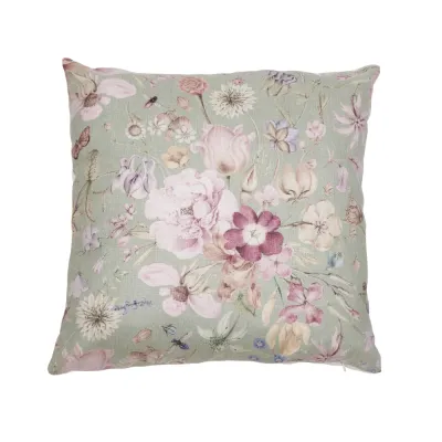 Square sage green floral cushion cover Alma from Fondaco with pink and purple flowers, 48x48 cm.