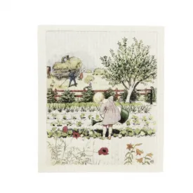 Svensktillverkad vit disktrasa Skördedag med Elsa Beskow-motiv av en flicka som vattnar växter.