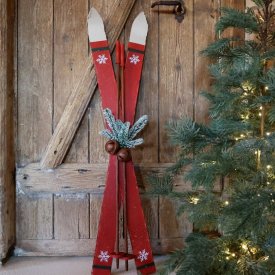 Decorative Skis Vintage with Sticks Antique Cherry - Chic Antique