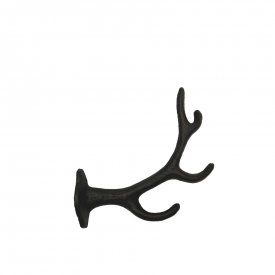 Rustik väggkrok Iron Antler i mörkbrunt och svart gjutjärn i form av ett hjorthorn från Miljögården, frilagd mot en ren vit bakg