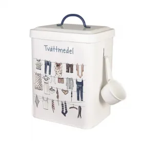 Vit rektangulär tvättmedelsburk i plåt, modell Ivar från Strömshaga, med en doseringsskopa hängande på sidan.