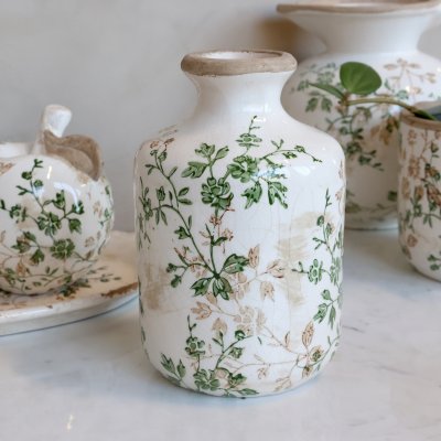 Chic Antique Grasse bottle-shaped ceramic vase featuring a hand-painted green branch motif and a glossy, crackle-glaze finish.