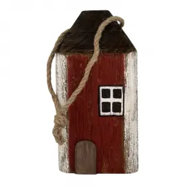 Rött dörrstopp i trä formad som ett litet hus med vitt fönster och jute-rep från Miljögården.