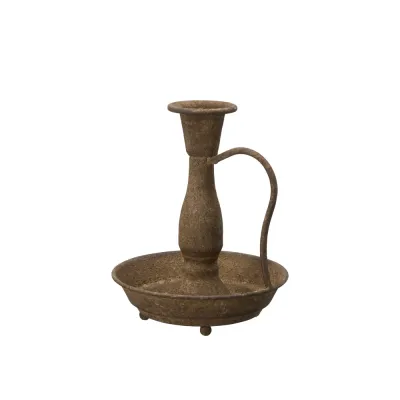 Embla-candlestick-with-handle-in-rusty-brown-metal