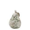 Cracked-glaze cream-white ceramic pear (Grasse model) with a green botanical leaf motif, isolated on a white background.