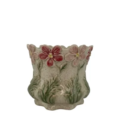 Romantisk kruka i spräckligt stengods med upphöjda rosa blommor och gröna blad från Miljögården i storlek small.