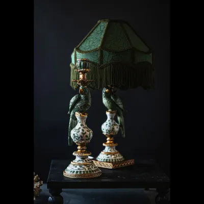 Ljusstake papegoja grön på bord med lampfot papegoja i bakgrunden från A lot decoration