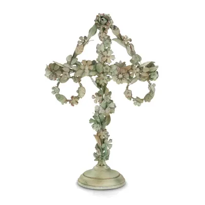 Midsommarstång Floral Green 42 cm i antikgrön metall med dekorativa blommor och kransar.
