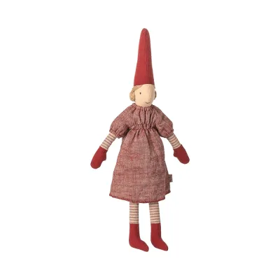 tomte-pixyflicka-storlek2-karamella-i-rödmelerad-klänning-från-Maileg