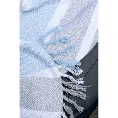 fiskbensstickad-pläd-med-ränder-i-blått-och-grått