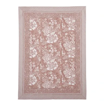 Rectangular patterned tea towel Sonia from Fondaco in soft pink cotton with floral pattern and ornate border, size 50x70 cm.