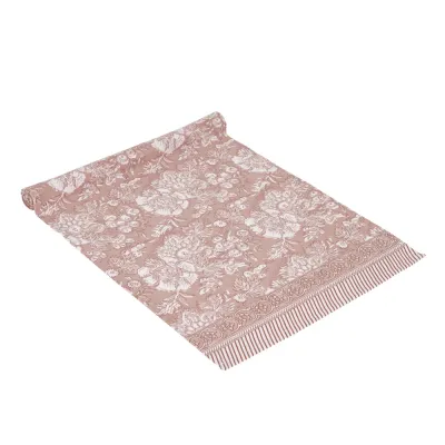 Patterned table runner Sonia from Fondaco in cotton with pink flowers and decorative border, size 40x145 cm.