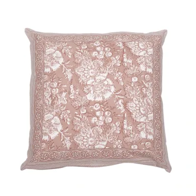 Square patterned cotton cushion cover Sonia from Fondaco in pink and off-white with a beautiful framing border, size 48x48 cm.