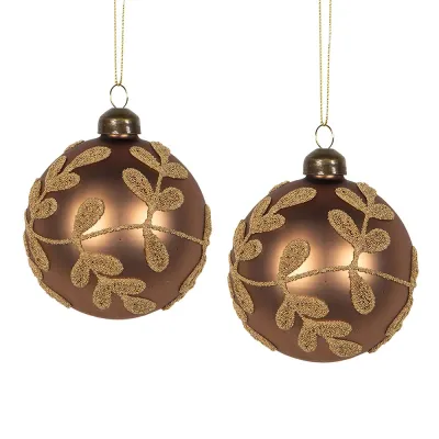 Christmas-tree-ball-glass-in-brown-with-glitter-leafs