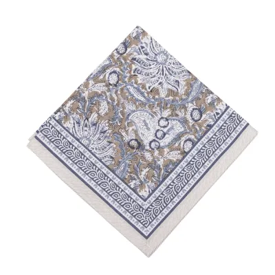 Square patterned cloth napkin Dante from Fondaco in cotton with blue and beige pattern and decorative border, size 45x45 cm.