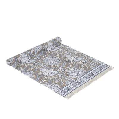 Patterned table runner Dante from Fondaco in cotton with blue and beige pattern, size 40x145 cm.