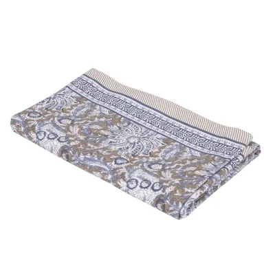 Large rectangular patterned cotton tablecloth Dante from Fondaco in blue and off-white with a beautiful border all around, dimen