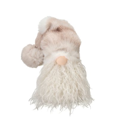 Mjuk Tomte Sten Beige 22 cm i fluffig tygdesign med en stor hängande luva i fejkpels och ett yvigt lockigt skägg från Wikholm Fo