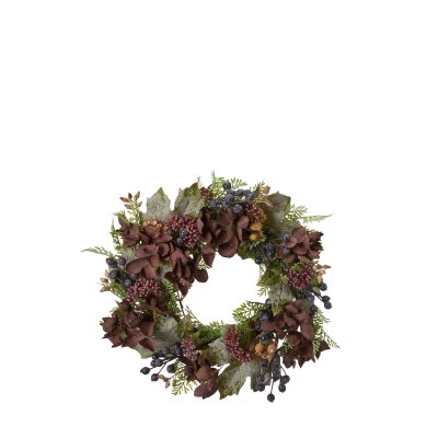 Höst och vinterkrans med hortensia i mörkrött och grönt från Wikholm Form.