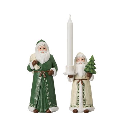 Set med gammaldags tomtar i grönt och beige den ena med hållare för ljus från Wikholm Form.