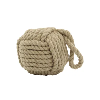 Round doorstop from Chic Antique completely covered in braided light brown hemp rope with carrying loop, 1.8 kg.