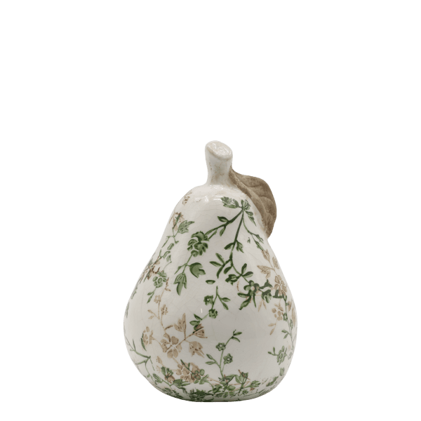 Cracked-glaze cream-white ceramic pear (Grasse model) with a green botanical leaf motif, isolated on a white background.