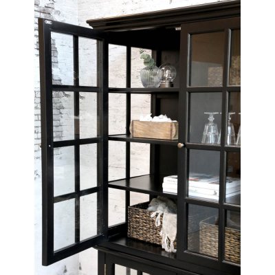Close-up of glass door to Marseille display cabinet in black with elegant wooden bars and classic French-style knob handle.