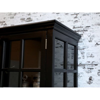 Detail of the upper part of the Marseille display cabinet, Chic Antique, showing the beautiful profiled cornice and the rustic b