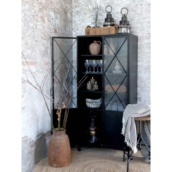 Vitrinskåp på hjul med glasluckor, Antiksvart - Chic Antique