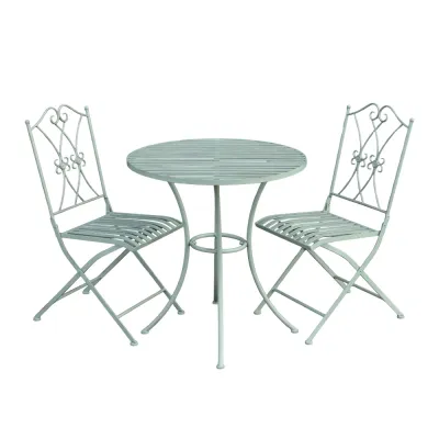 Café set Romance antique green in iron with two folding chairs and round table from Chic Antique.