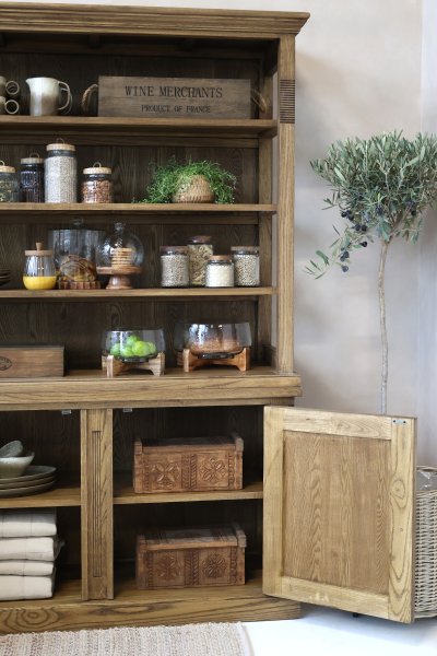 Marseille bookcase in rustic wood, with the bottom door open – from Chic Antique.