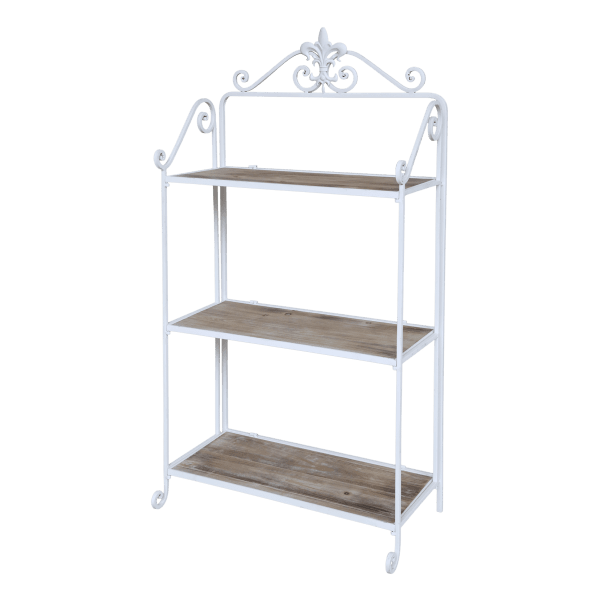 Antique-style shelf from Chic Antique featuring three shelves made of natural-colored spruce wood and a decorative fleur-de-lis.