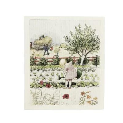 Svensktillverkad vit disktrasa Skördedag med Elsa Beskow-motiv av en flicka som vattnar växter.