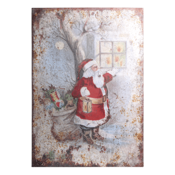 Old-fashioned, nostalgic tin Christmas sign featuring rust details and a Santa Claus in red and blue, from Chic Antique.