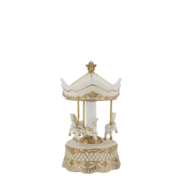 Detailed, hand-painted polyresin Noël gingerbread carousel music box from Chic Antique, isolated on a white background.