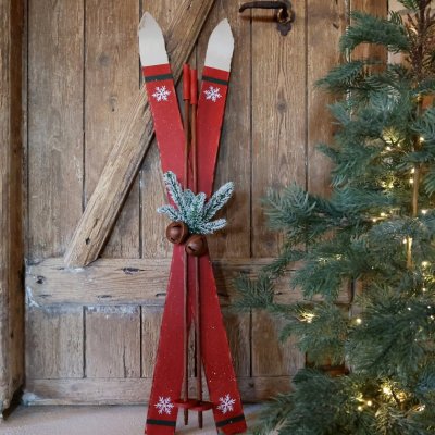 Decorative Skis Vintage with Sticks Antique Cherry - Chic Antique