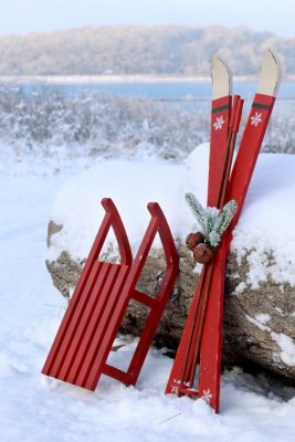 Red decorative sled and decorative skis from Chic Antique in snow outdoors