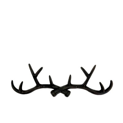 Klassisk kroklist Crossed Antler i svart gjutjärn i form av två korsade hjorthorn från Miljögården, frilagd mot en ren vit bakgr