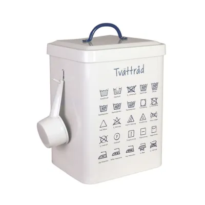 Baksidan av tvättmedelsburken Ivar i vit plåt med tryckta tvättsymboler och texten Tvättråd.