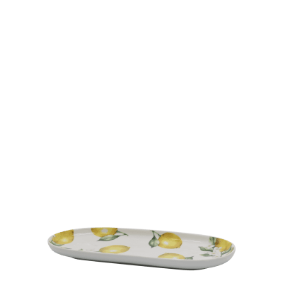 Avlångt cremevitt frukostfat Maison Citron i porslin med mönster av gula citroner, storlek 25x11 cm.