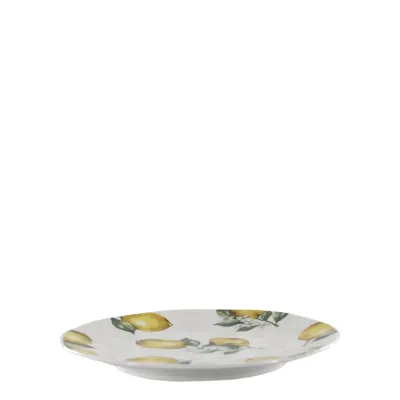 Rund cremevit porslinsassiett Maison Citron med mönster av gula citroner och vita blommor, diameter 20 cm.
