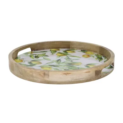 Round tray Tours in mango wood with lemon pattern, Ø35 cm from Chic Antique, white background.