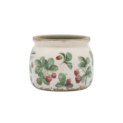 Romantisk vit keramikkruka med jordgubbsmönster och krackelerad yta i mindre modell från Chic Antique.
